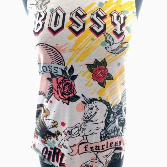 Tank Top Shirt Bossy Girl Power Fearless Unicorn Roses White Ed Hardy Look New - Picture 5 of 6